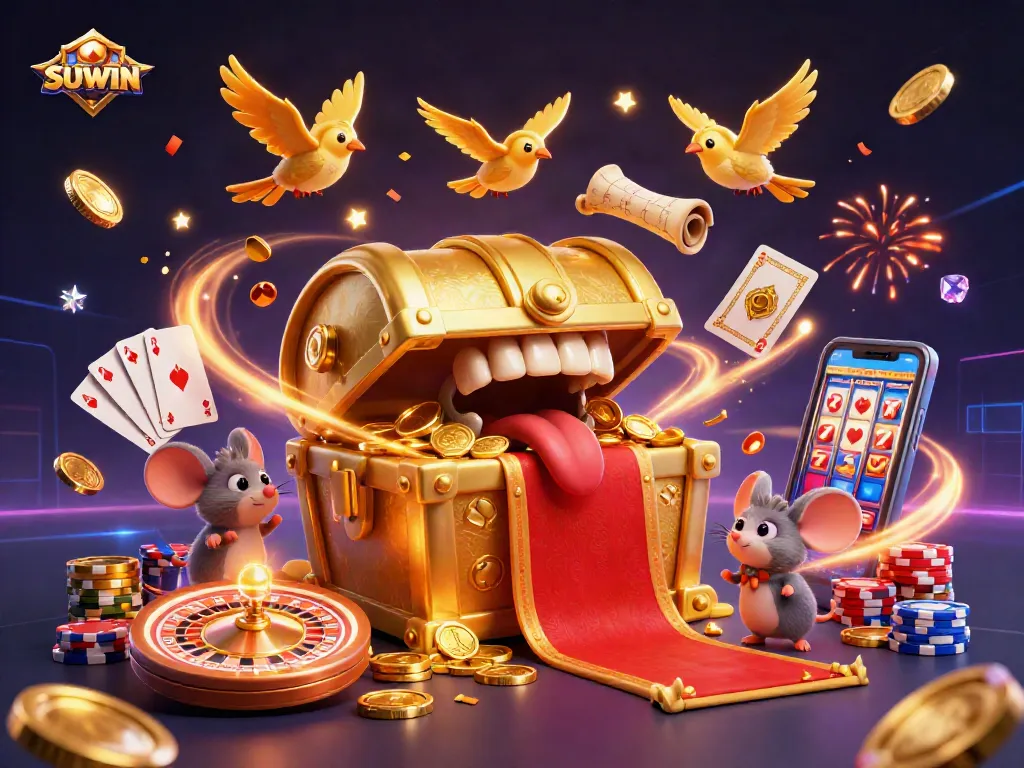 Suwin casino scene with a golden treasure chest, sports betting elements, and vibrant decorations.