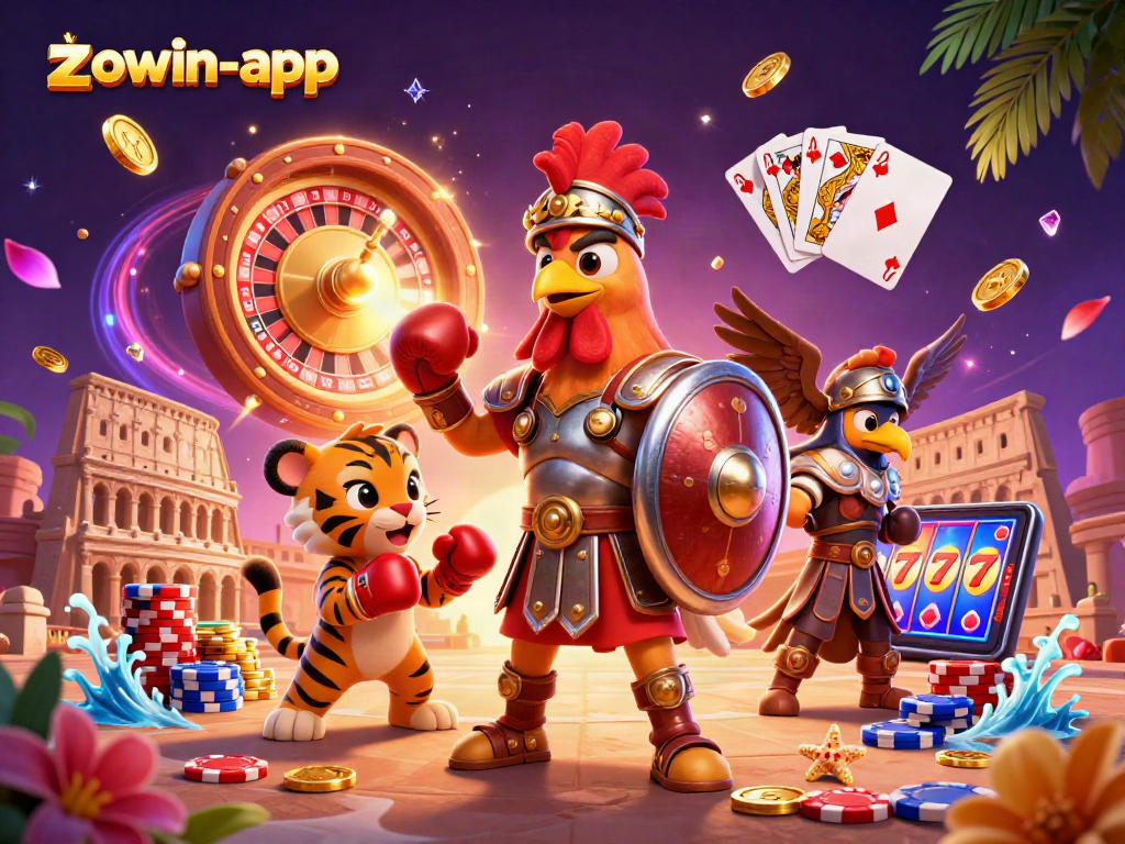 Zowin-app features vibrant casino action with a gladiator rooster, sparring tiger, and eagle in a 3D illustration.