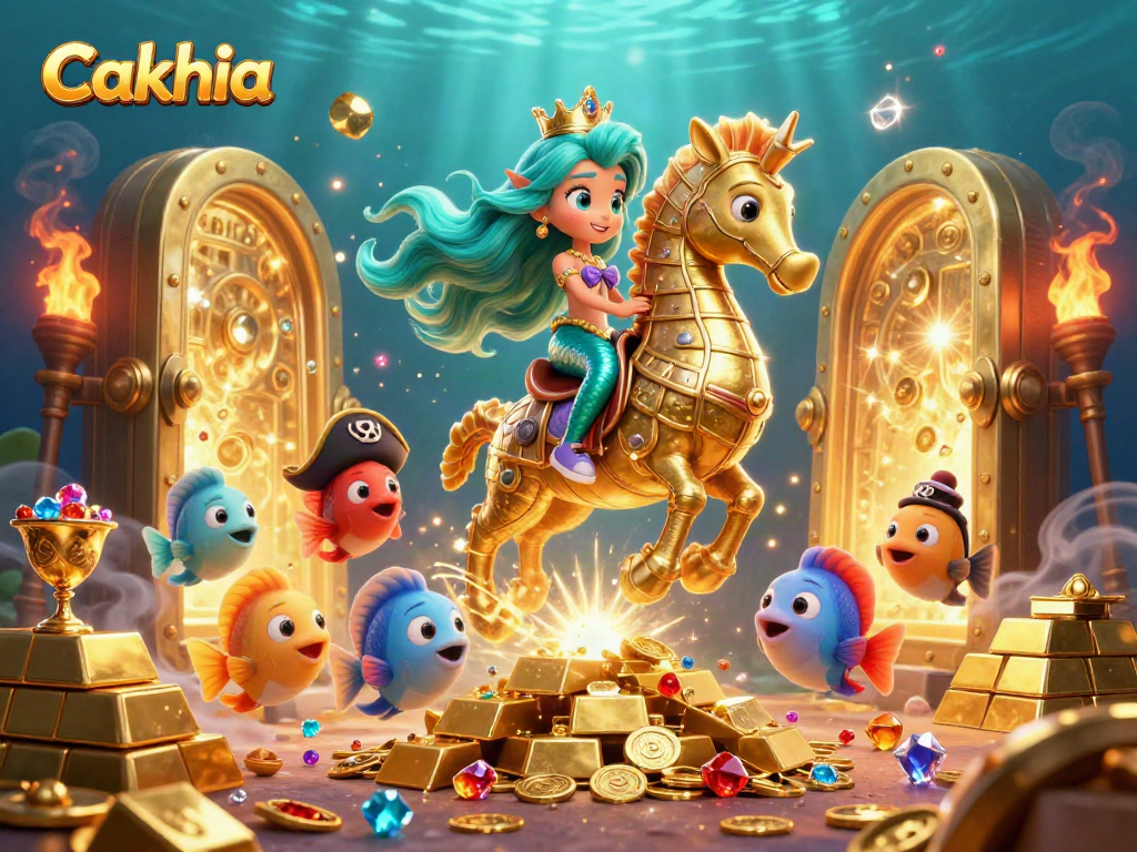 Cakhia showcases the vibrant underwater adventure with a mermaid, seahorse, and treasure details in a gaming context.