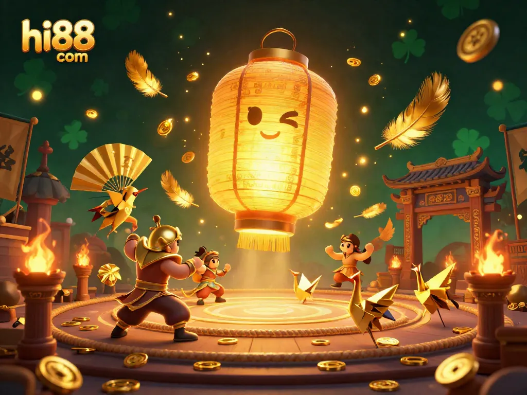 Engage with the vibrant world of hi88 com at a dynamic casino scene featuring golden symbols and spirits.