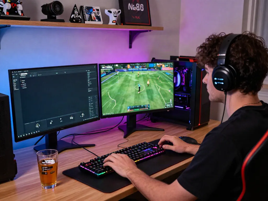 Player immersed in da88 online gaming experience with laptop and peripherals in a vibrant gaming room.