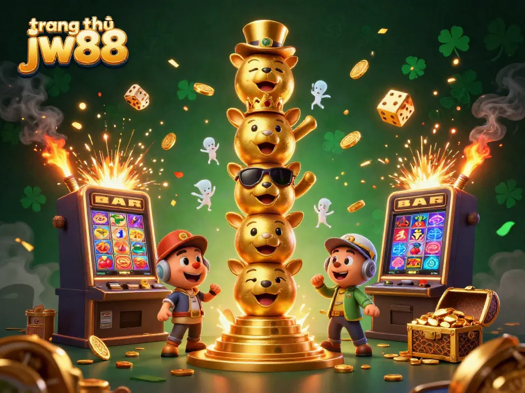 Experience the excitement at trang chủ jw88 with a dynamic 3D casino scene showcasing vibrant game elements and characters.