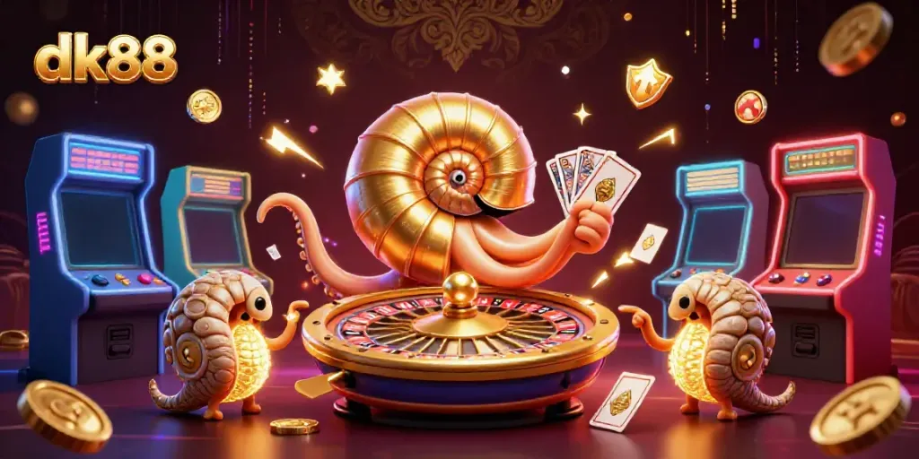 Experience thrilling gameplay at dk88 with a vibrant 3D illustration of a giant nautilus roulette wheel surrounded by casino elements.