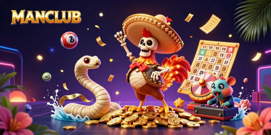 Experience the thrill of MANCLUB with vibrant gaming elements featuring a dancing skeleton, mummy, and DJ hamster.