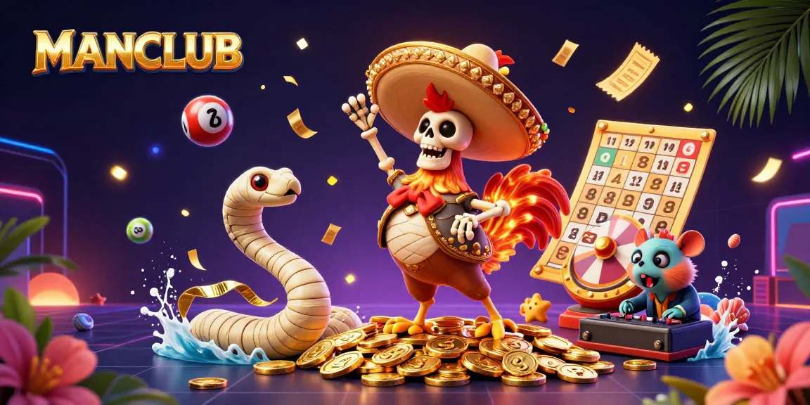 Experience the thrill of MANCLUB with vibrant gaming elements featuring a dancing skeleton, mummy, and DJ hamster.