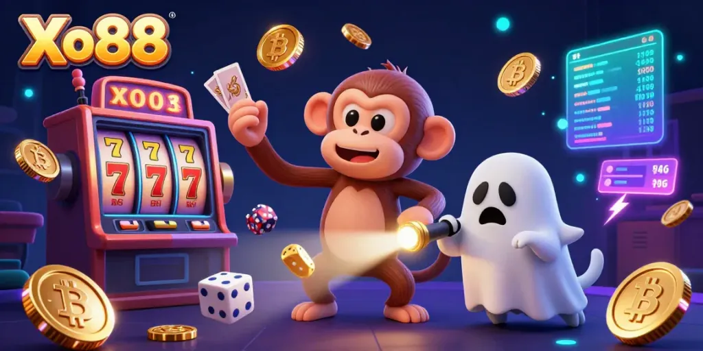 Engage with Xo88's vibrant 3D casino scene showcasing thrilling slot games and charming characters.