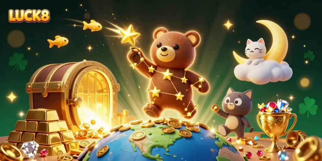 Experience the excitement of LUCK8 as a constellation bear collects coins from Earth, amidst dynamic treasures.