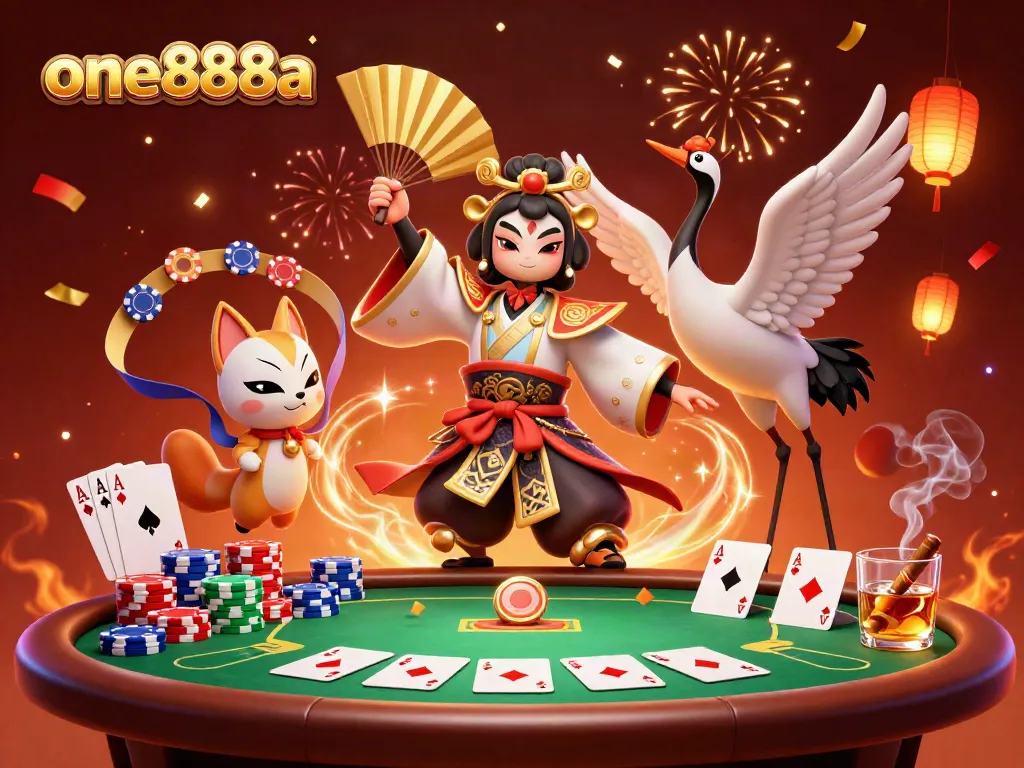 Experience thrilling gameplay at one888a with dynamic scenes of cartoon warriors and poker action.