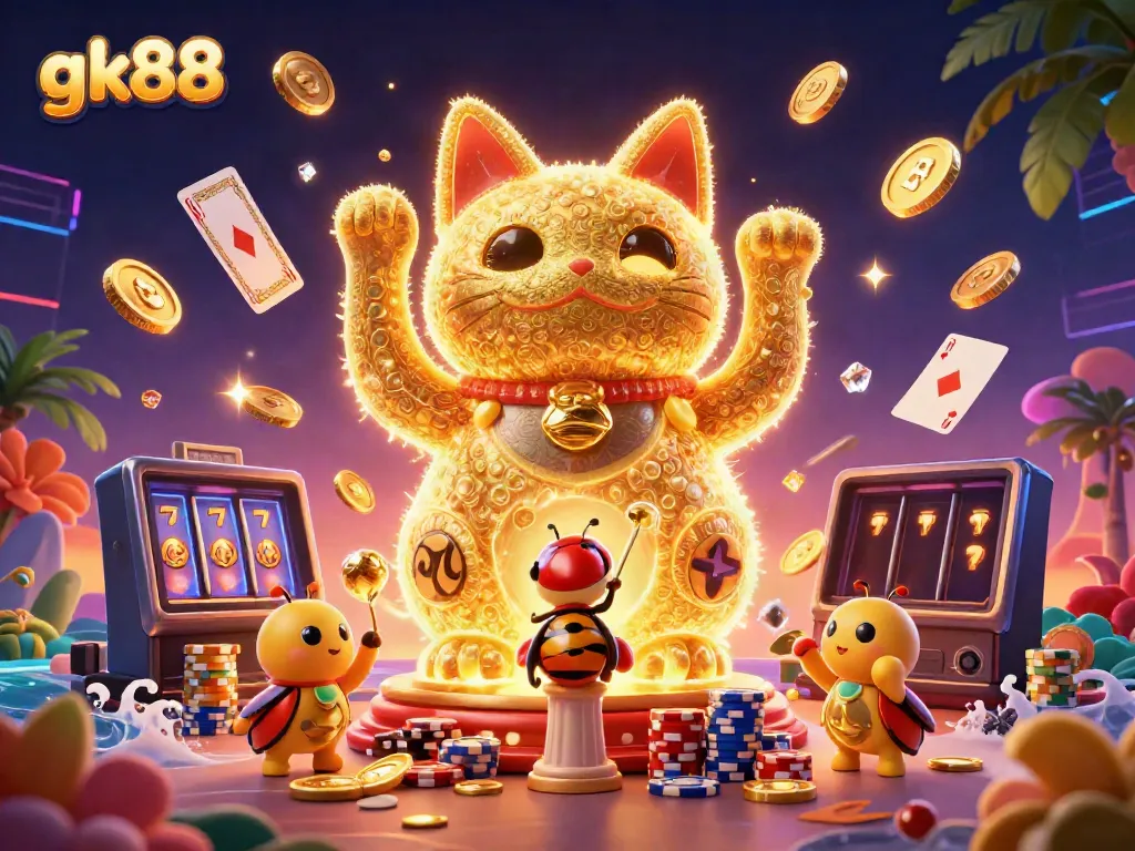 gk88 brings excitement with a golden lucky cat and vibrant casino symbols in a dazzling display.