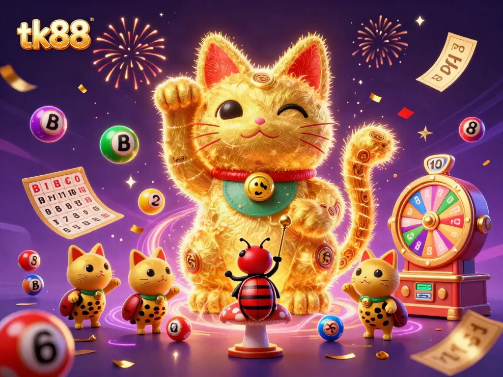tk88 celebrates wins with a vibrant lucky cat, lottery balls, and casino symbols in a festive scene