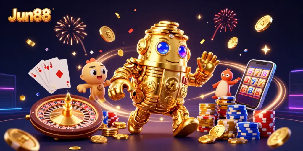 Experience the thrilling world of Jun88 with a dynamic 3D casino scene featuring a golden golem and colorful gaming elements.