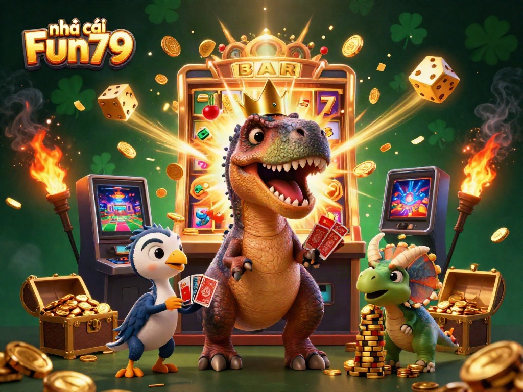 Engage with the thrilling world of nhà cái Fun79, where a cartoon T-Rex shuffles cards and wins at slots amidst a vibrant casino scene.