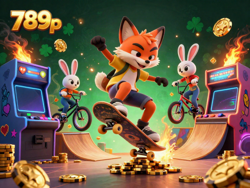 Experience thrilling 789p action with a skateboarder fox and BMX rabbit in an exciting casino setting.
