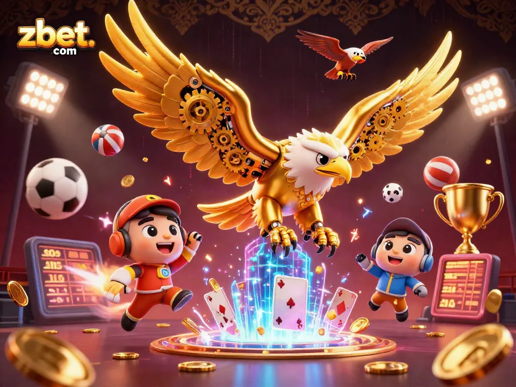 Experience thrilling action at zbet. com with a stunning illustration of a golden eagle diving through gambling elements.
