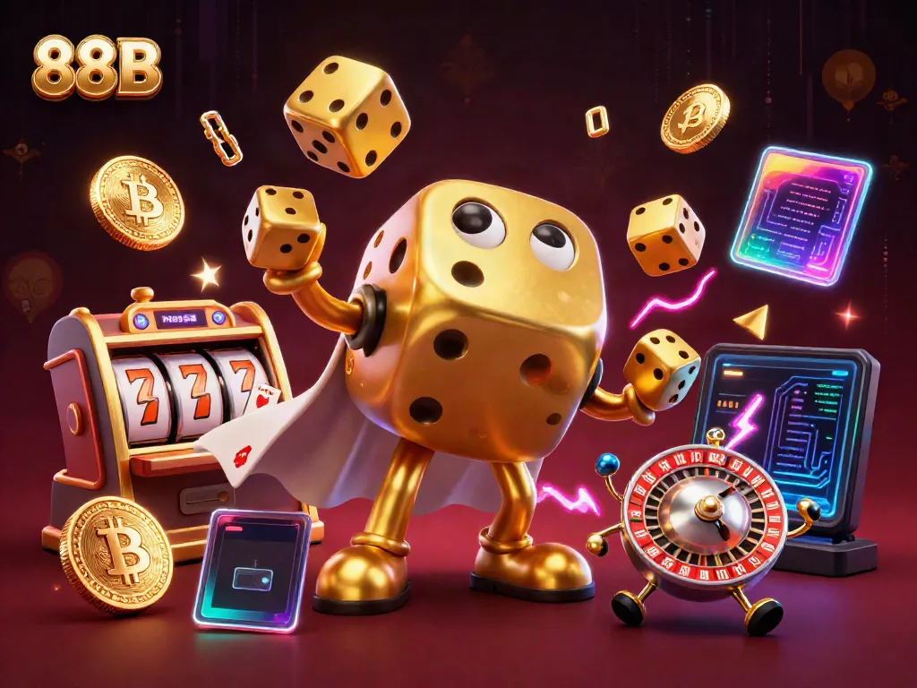 Play 88B slots with golden dice golem juggling while surrounded by Bitcoin coins.
