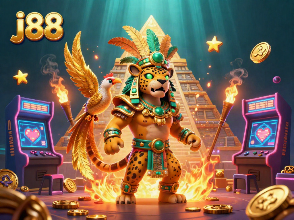 Experience engaging gameplay at j88 with a dynamic scene filled with vibrant characters and casino elements.