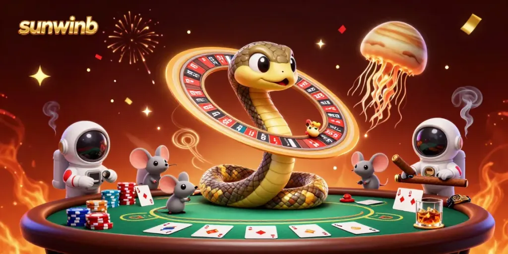 Engage in exciting bets with sunwinb in a vibrant cosmic casino featuring unique characters.