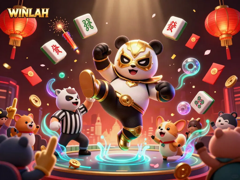 Experience thrilling moments at WINLAH with a vibrant scene featuring a flying panda wrestler and animated spectators.