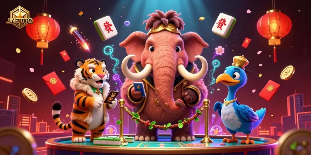 Experience the excitement of JNETOTO with vibrant casino characters and elements in a 3D illustration.