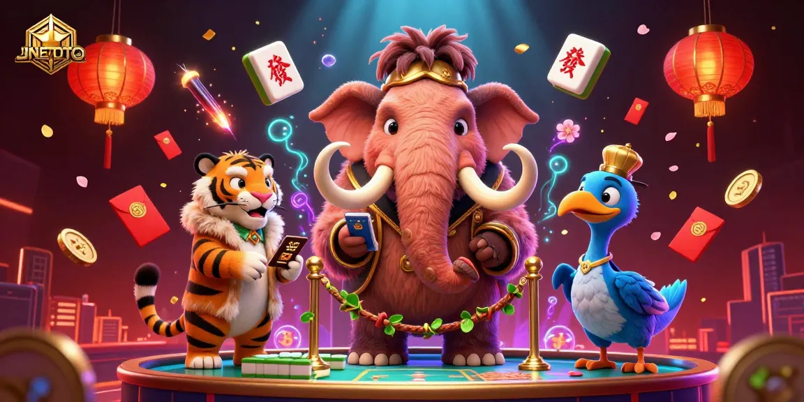 Experience the excitement of JNETOTO with vibrant casino characters and elements in a 3D illustration.