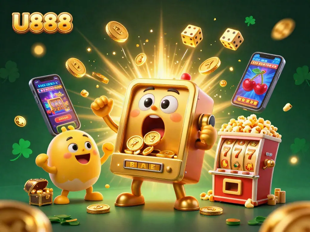 U888 thrills players with a golden slot machine celebrating a jackpot, surrounded by cheering mini slots and casino symbols.