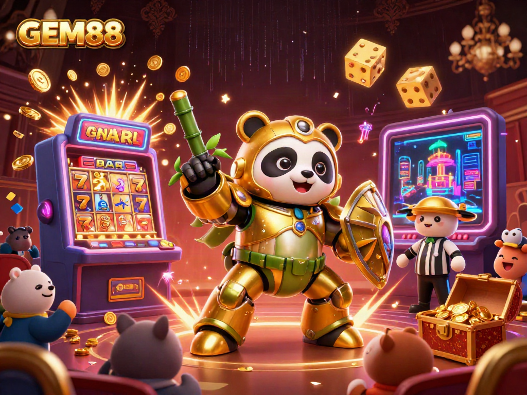 Experience GEM88 in action with golden panda and bamboo robot amid casino excitement and jackpot thrills.