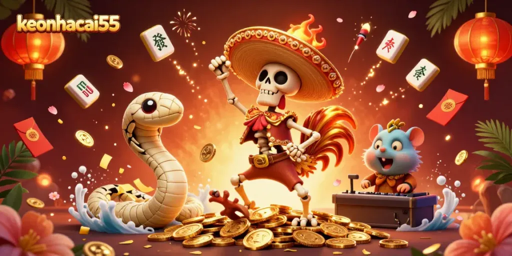 Bet on keonhacai55 as the mariachi rooster celebrates with golden coins and festive decorations.