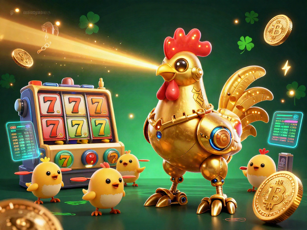 Engage with exciting gaming at au88games featuring a golden rooster robot and daring baby chick drones in a vibrant casino scene.