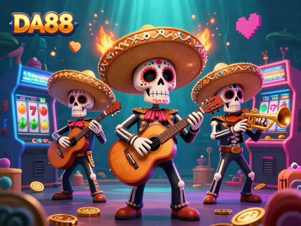 Experience thrilling spins at DA88 with a vibrant Día de los Muertos-themed mariachi band and dynamic slot action.
