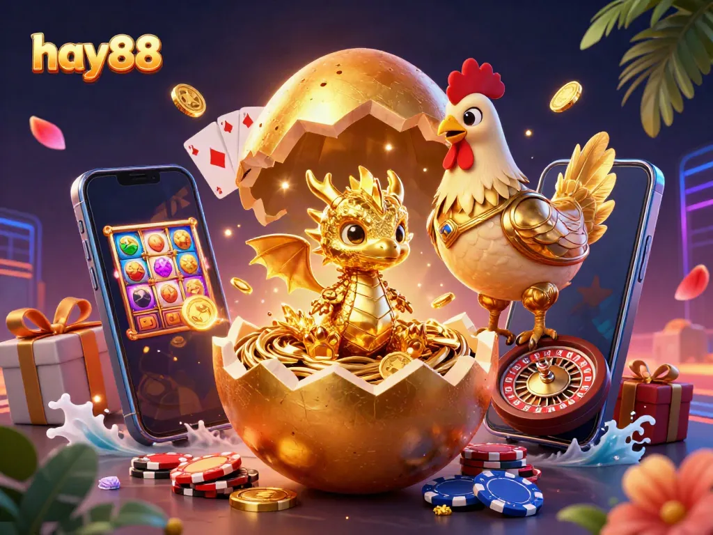 Experience the excitement of hay88 with a golden dragon and vibrant gaming elements.