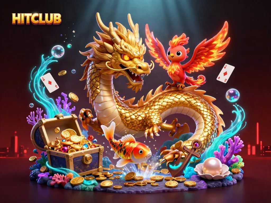 Engage with HITCLUB's vibrant gaming world featuring golden dragon, red phoenix, and koi fish in a dynamic casino scene.