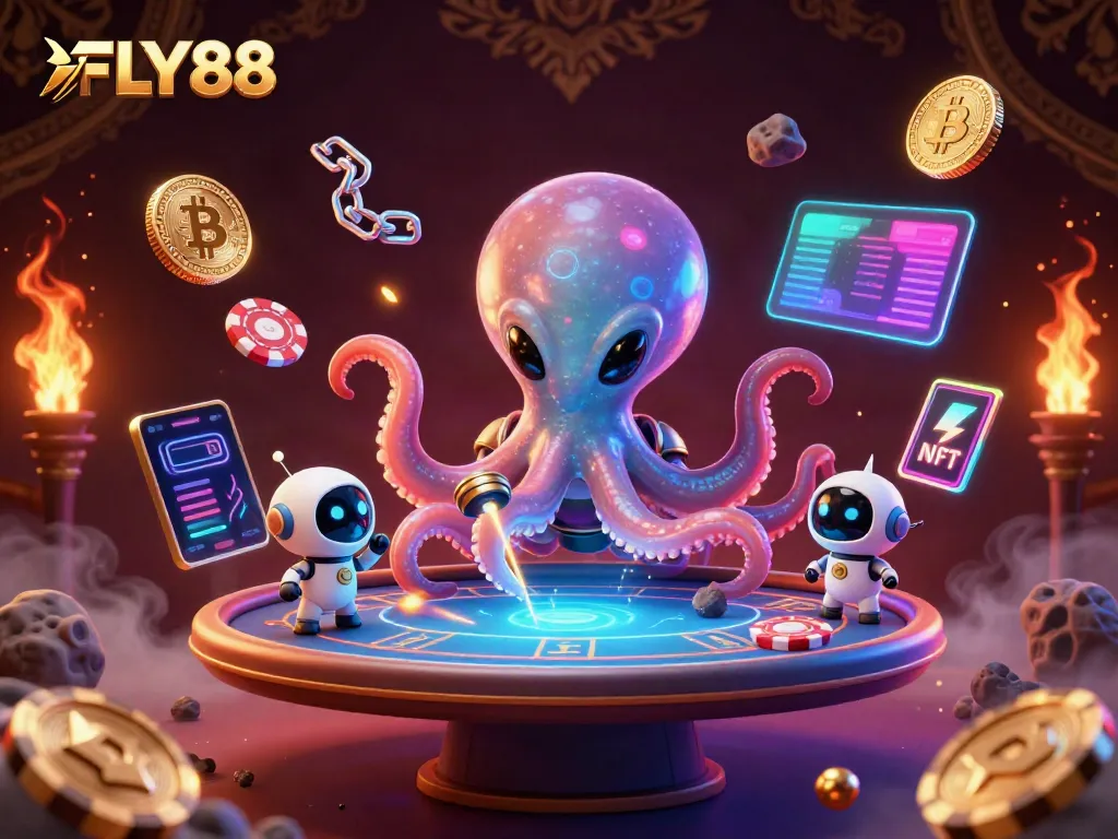 FLY88 alien octopus playing holographic poker in a vibrant digital casino scene.
