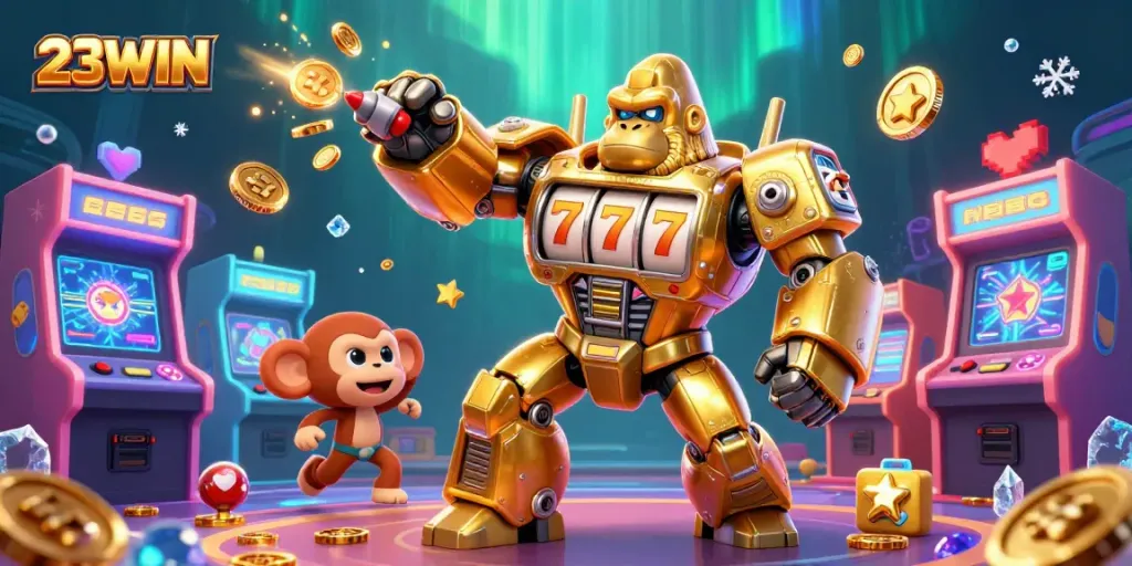 23WIN brings excitement to your gaming experience with a colorful arcade casino scene full of vibrant characters.