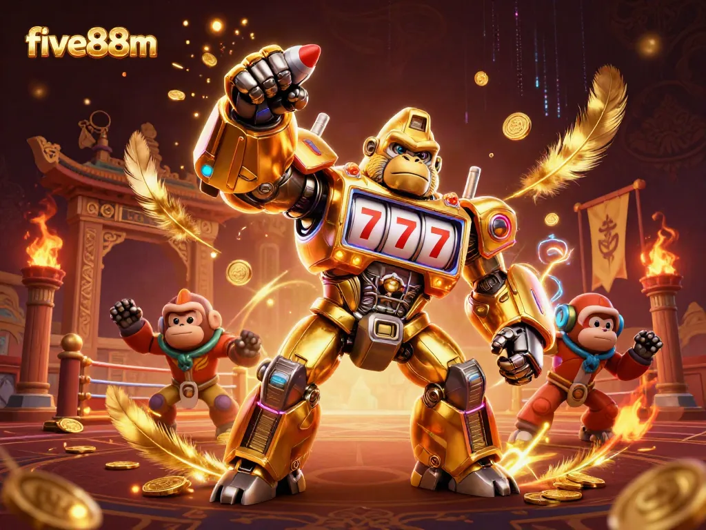 Experience thrilling wins at five88m with a dynamic casino scene featuring a golden mech and vibrant gaming elements.