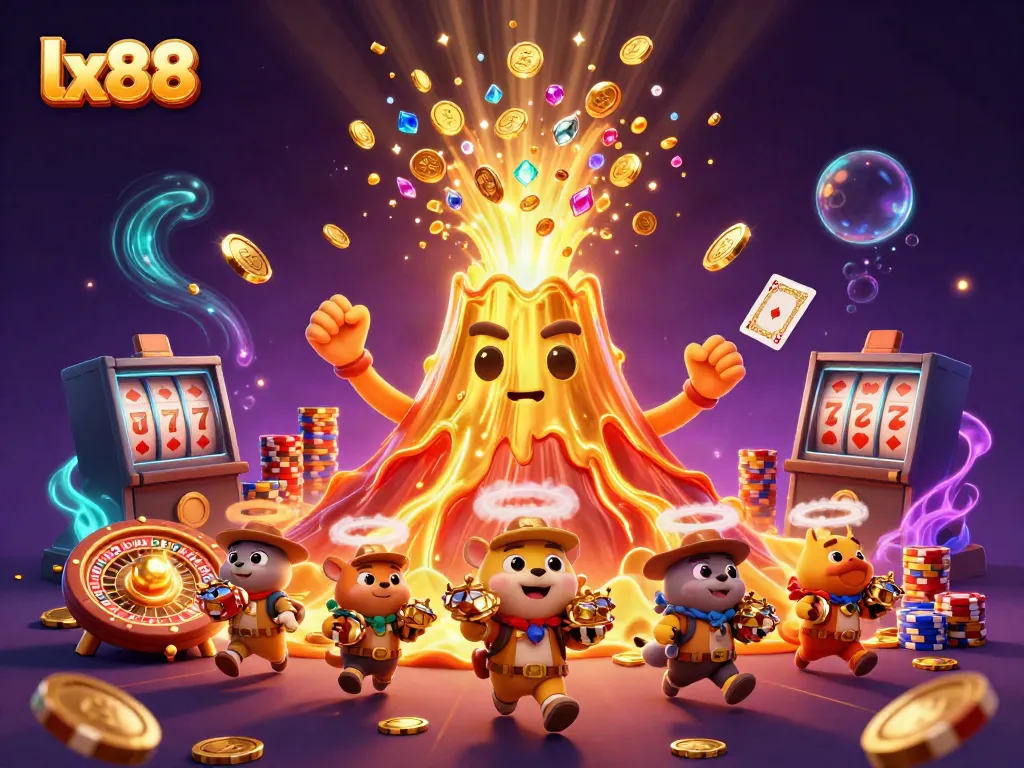 Experience the thrills of lx88 with a vibrant 3D casino scene filled with treasures and excitement.