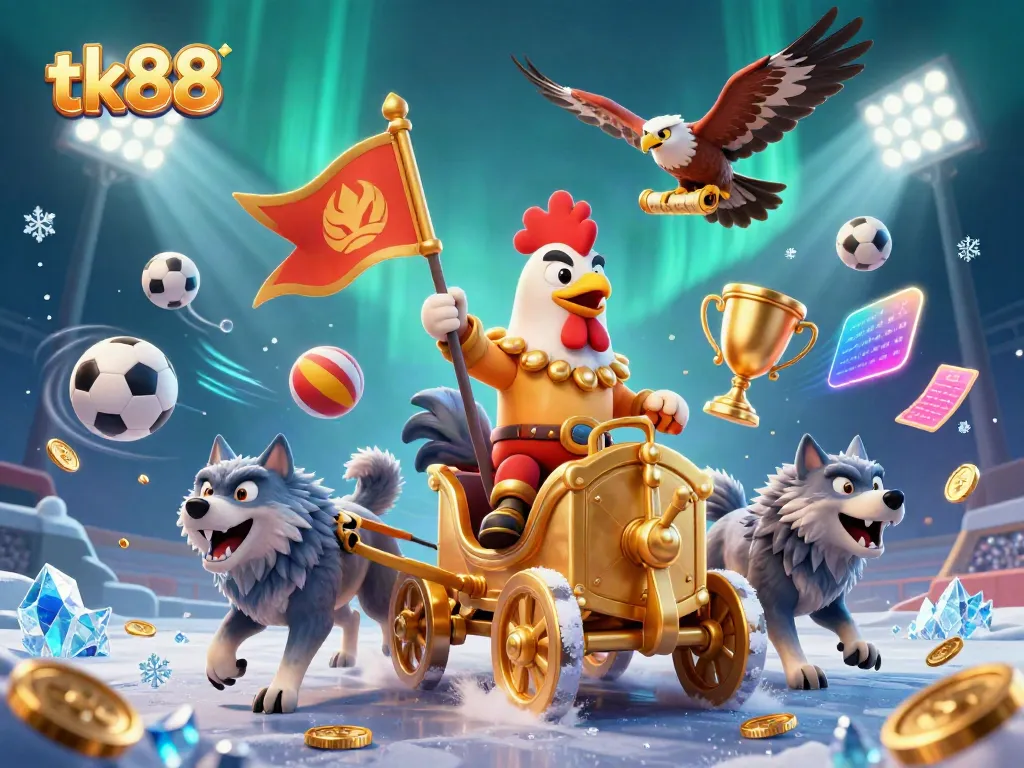 Experience thrilling gameplay with tk88 as a cartoon rooster warlord leads the charge in an epic casino scene.