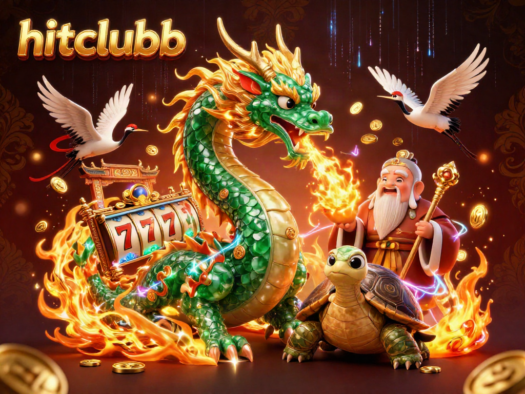 Engage with hitclubb's thrilling atmosphere featuring a jade dragon, turtle sage, and lucky cranes amidst gaming flair.