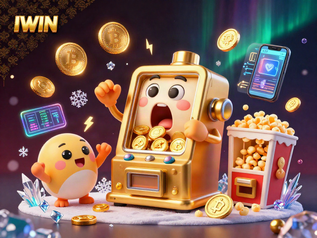 IWIN slot machine celebrating a jackpot win with golden coins pouring out, surrounded by cheering baby machines.