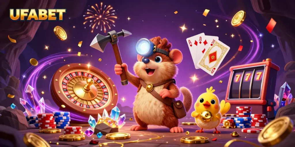 Experience UFABET fun with a glowing treasure hunter mole and canary amidst vibrant casino elements.
