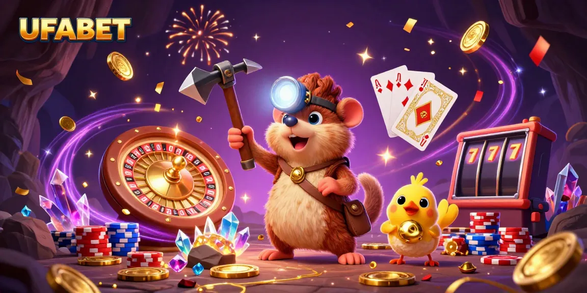 Experience UFABET fun with a glowing treasure hunter mole and canary amidst vibrant casino elements.