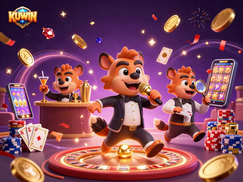KUWIN hyena casino illustration with vibrant energy and dynamic characters featuring stand-up comedian and bartender.