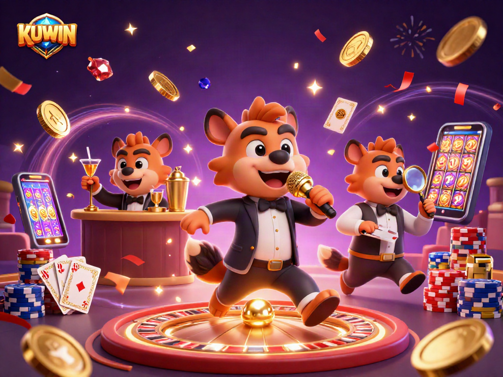 KUWIN hyena casino illustration with vibrant energy and dynamic characters featuring stand-up comedian and bartender.