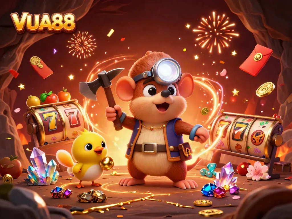 Join the excitement at VUA88 with a vibrant illustration of a treasure hunter mole in a dynamic casino scene.