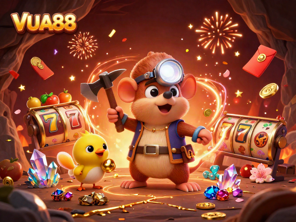 Join the excitement at VUA88 with a vibrant illustration of a treasure hunter mole in a dynamic casino scene.