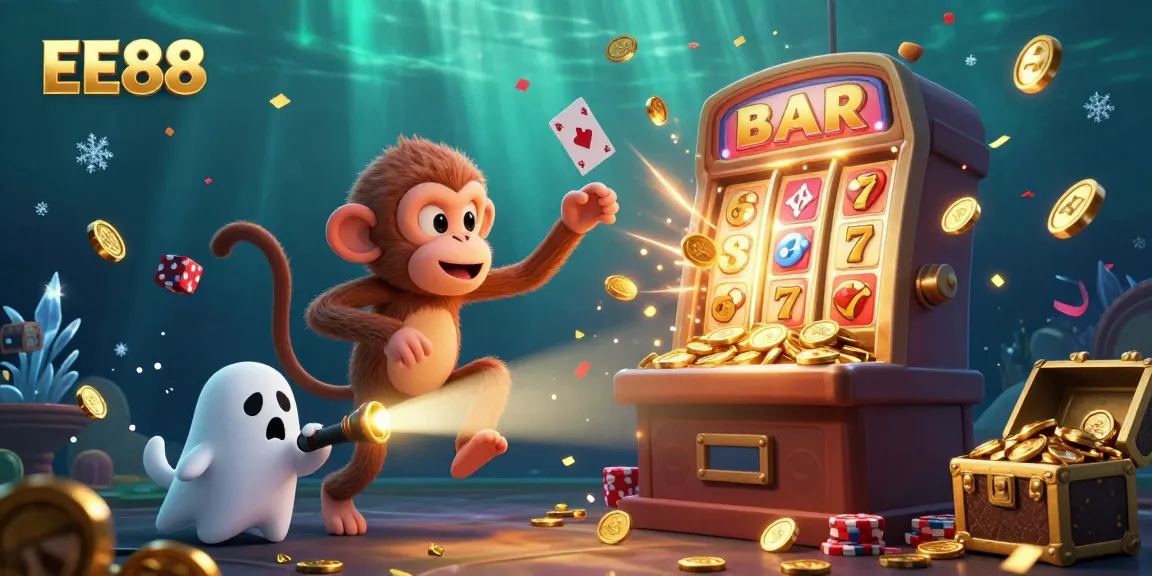 Experience EE88's exciting casino adventure with a playful poltergeist monkey and an enthralled puppy in this rich 3D illustration.