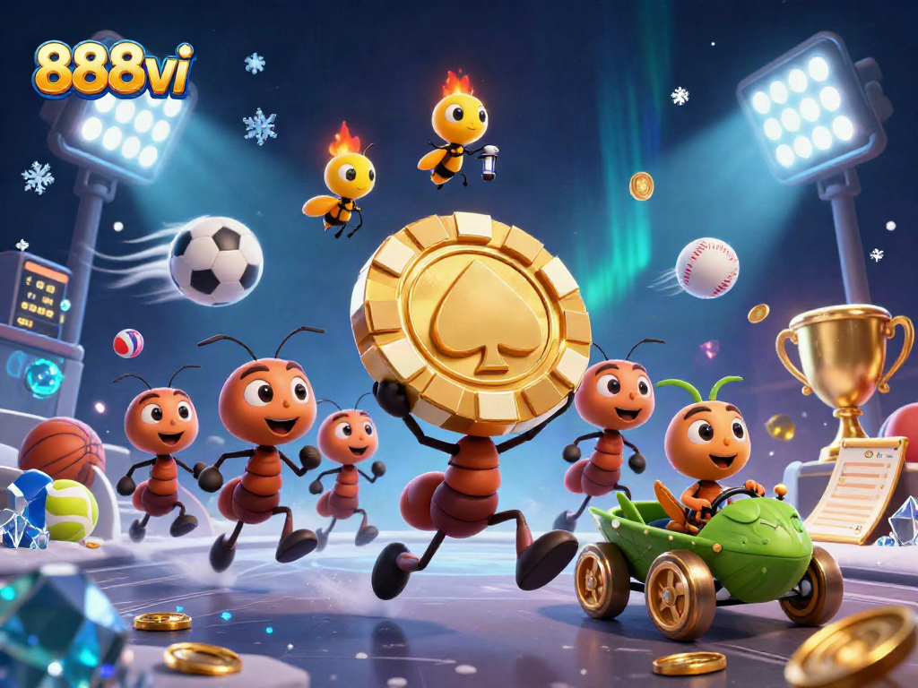 Ants executing a heist with golden poker chips on 888vi, surrounded by dynamic sports-themed elements.