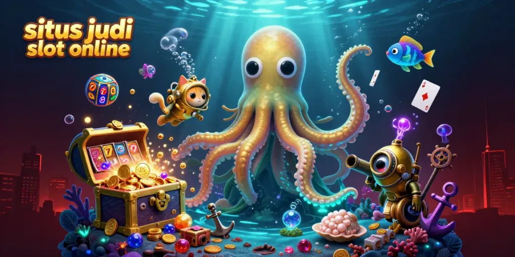 Experience thrilling slots with situs judi slot online featuring a kraken and diving cat in a vibrant underwater scene.