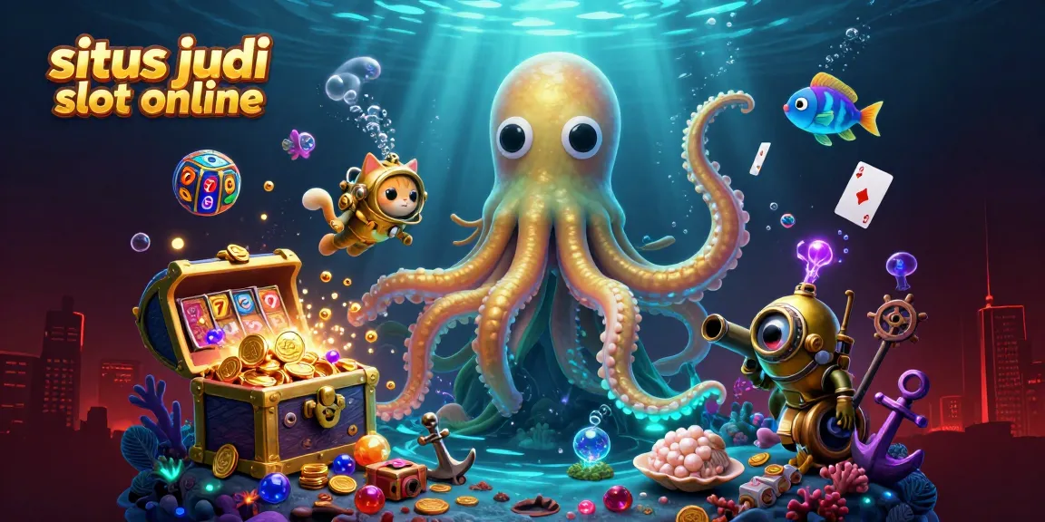 Experience thrilling slots with situs judi slot online featuring a kraken and diving cat in a vibrant underwater scene.