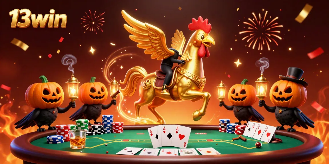 Enjoy thrilling poker action with a golden rooster and spooky companions in 13win's vibrant casino.