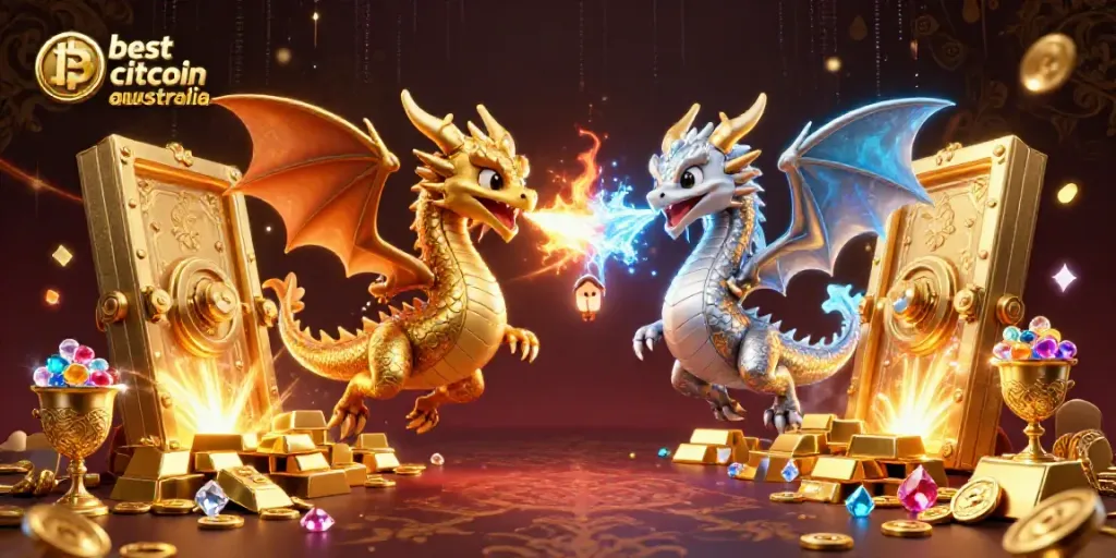 Experience the best bitcoin casinos australia with enchanting dragons amidst riches and gaming elements.